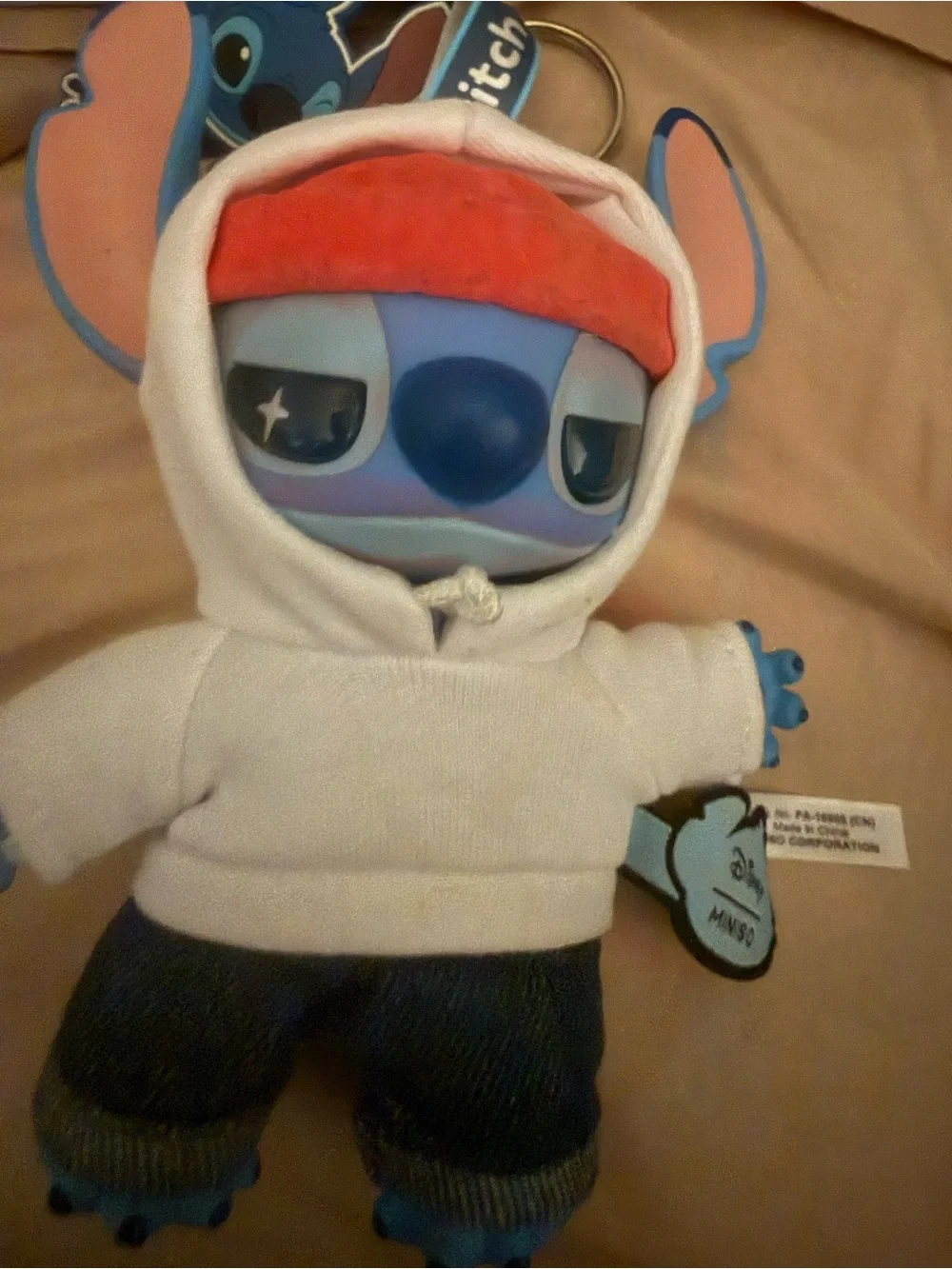 Stitch Plush Keychain with Red Beanie and White Hoodie